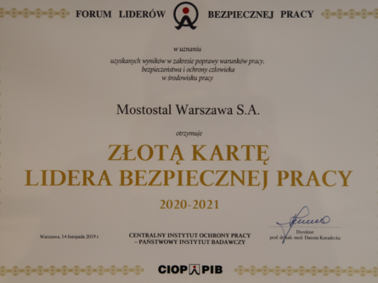 Mostostal Warszawa has received the Gold Card of Safe Work Leader