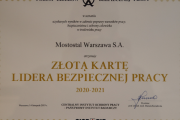 Mostostal Warszawa has received the Gold Card of Safe Work Leader