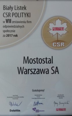 Mostostal Warszawa awarded with a White CSR Leaf of