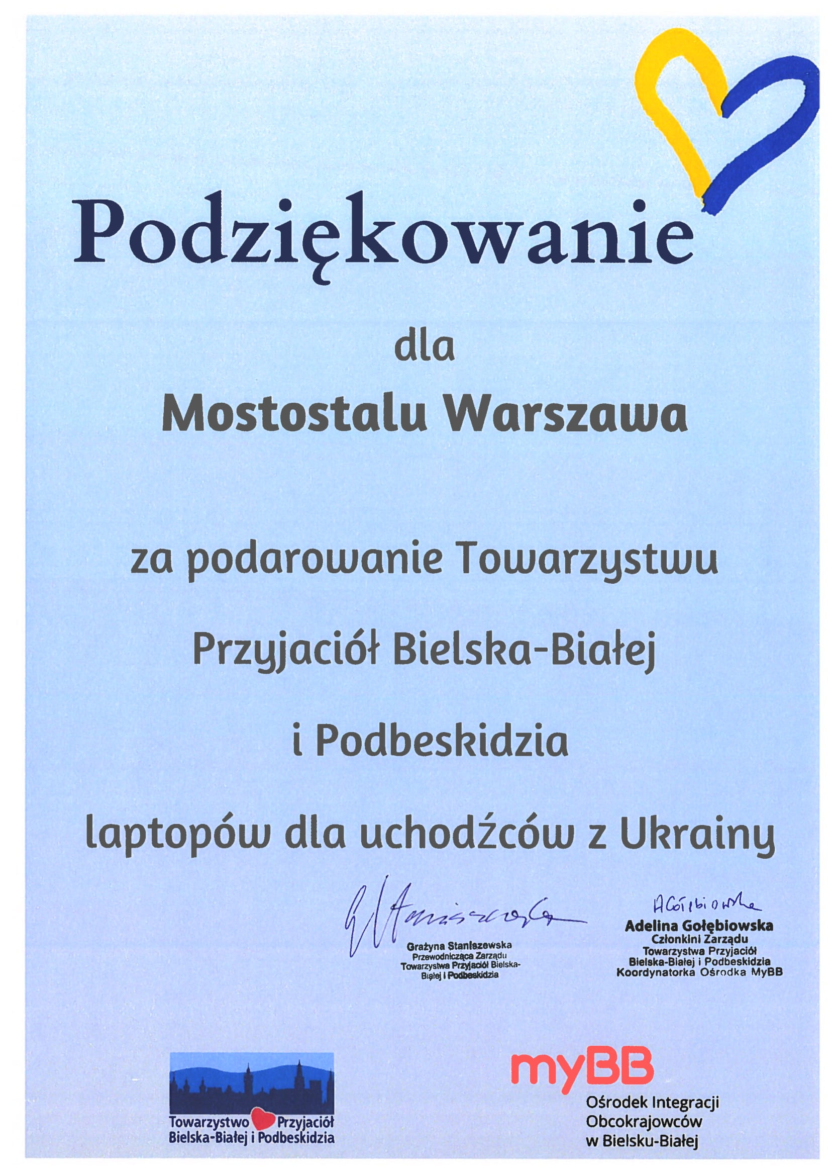 Podziękowanie od Towarzystwa Przyjaciół Bielska-Białej i Podbeskidzia